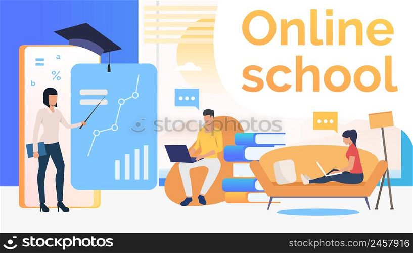 People studying at online school, home interior and teacher. Service, literature, study concept. Presentation slide template. Vector illustration for topics like knowledge, education, online school. People studying at online school, home interior and teacher