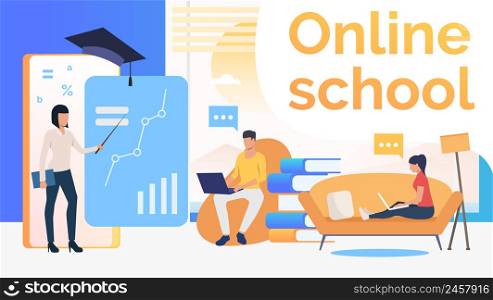 People studying at online school, home interior and teacher. Service, literature, study concept. Presentation slide template. Vector illustration for topics like knowledge, education, online school. People studying at online school, home interior and teacher