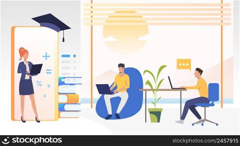People studying at online school in office or at home. Service, literature, study concept. Vector illustration can be used for topics like knowledge, education, online school. People studying at online school in office or at home