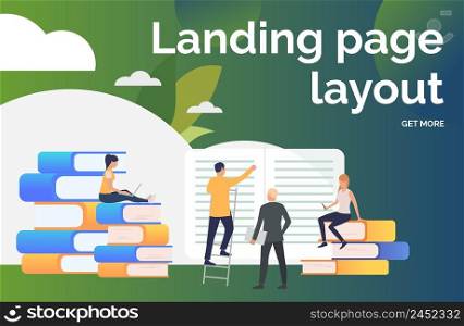 People studying books presentation slide. Writers, printing house, library. Business concept. Vector illustration for poster, presentation, new project