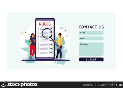People studying list of rules, making checklist, reading guidance. Contact us form. Vector illustration. Flat style