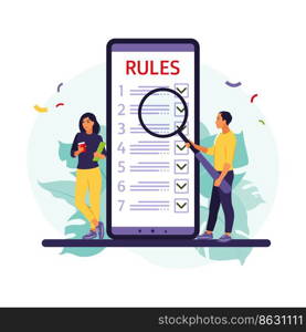 People studying list of rules, making checklist, reading guidance. Vector illustration. Flat style