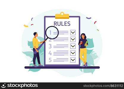 People studying list of rules, making checklist, reading guidance. Vector illustration. Flat style
