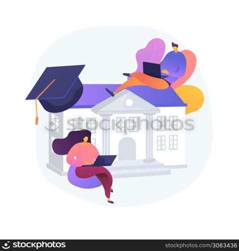 People studying remotely, e learning. Home education, distance learning, online college. University students with laptops, internet training courses. Vector isolated concept metaphor illustration. Home education vector concept metaphor