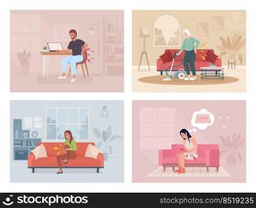 People suffering from different pain flat color vector illustrations set. Health problems. Heart attack. Fully editable 2D simple cartoon characters with interior on background collection. People suffering from different pain flat color vector illustrations set