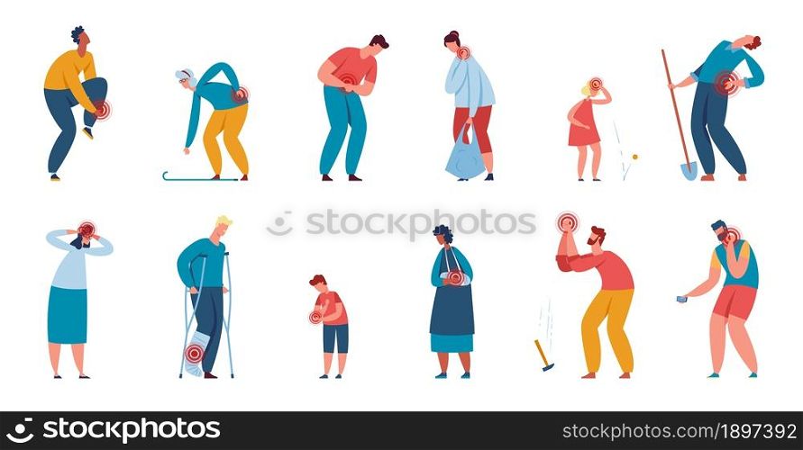 People suffering from injuries or joints aches, characters in pain. Men and women with headaches, injured leg or hurting neck vector set. Adults with broken arm and leg on crutches. People suffering from injuries or joints aches, characters in pain. Men and women with headaches, injured leg or hurting neck vector set