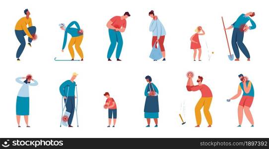 People suffering from injuries or joints aches, characters in pain. Men and women with headaches, injured leg or hurting neck vector set. Adults with broken arm and leg on crutches. People suffering from injuries or joints aches, characters in pain. Men and women with headaches, injured leg or hurting neck vector set