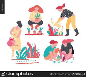 People summer gardening - set of vector flat hand drawn illustrations of people doing garden job - watering, planting, growing and transplant sprouts, self-sufficiency concept. People summer gardening