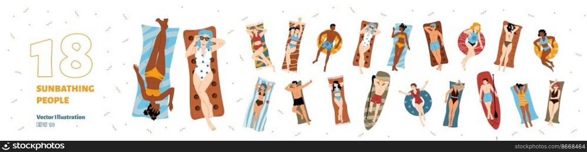 People sunbathing lying on towel, mat, surfboard and inflatable float. Diverse men and women in swimsuits relax on summer beach, vector hand drawn illustration. People sunbathing lying on towel, mat, surfboard
