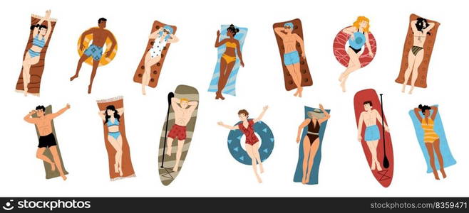 People sunbathing on summer beach. Diverse happy men and women in swimsuits and hats lying on mats, towels, inflatable floats and surfboards, vector hand drawn illustration. People sunbathing on summer beach