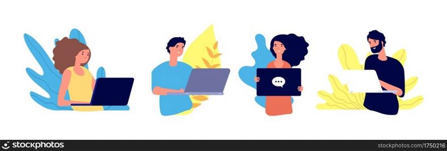 People surfing internet. Freelance workers, men and women chatting. Isolated persons with notebooks vector illustration. Worker with laptop, people freelance at workplace. People surfing internet. Freelance workers, men and women chatting. Isolated persons with notebooks vector illustration