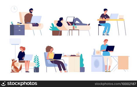 People surfing internet. Man and woman online with gadget, laptop. Guys spend time in internet shopping and chatting vector flat set. Illustration surfing networking, using web chatting communication. People surfing internet. Man and woman online with gadget, laptop. Guys spend time in internet shopping and chatting vector flat set