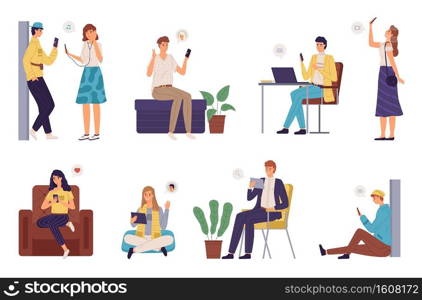 People surfing internet. Men and women spending time online using devices laptop, smartphones and tablets, addicted to gadgets. Characters texting, making selfie, chatting vector cartoon isolated set. People surfing internet. Men and women spending time online using devices laptop, smartphones and tablets, addicted to gadgets. Characters texting, making selfie, chatting vector set