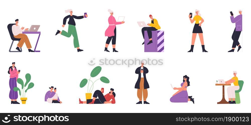 People surfing internet using gadgets, chatting and reading. Characters internet with mobile gadgets, tablet, smartphone vector illustration set. People social networking. People communication online. People surfing internet using gadgets, chatting and reading. Characters use internet with mobile gadgets, tablet, smartphone vector illustration set. People social networking