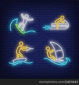 People surfing, riding on jet ski and wakeboarding neon signs set. Extreme sport, activity and leisure design. Night neon sign, colorful billboard, light banner. Vector illustration in neon style. People surfing, riding on jet ski and wakeboarding neon signs set