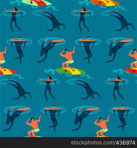 People swimming and diving ocean. Summer time on beach exotic vintage seamless vector pattern. People swim in ocean, diving and surf board illustration. People swimming and diving ocean. Summer time on beach exotic vintage seamless vector pattern