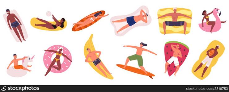 People swimming in pool with rubber circles, summertime water activities. Cartoon characters floating on inflatable mattresses or rubber pool toys vector illustration set. Man surfboarding. People swimming in pool with rubber circles, summertime water activities. Cartoon characters floating on inflatable mattresses or rubber pool toys vector illustration set