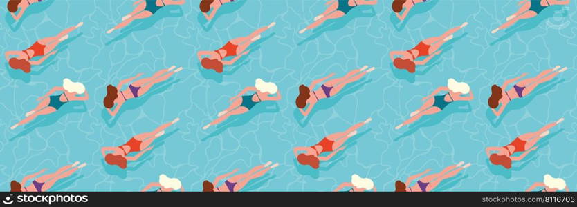 People swimming in water, swimming pool, sea, ocean summer vacation background, seamless pattern, print design