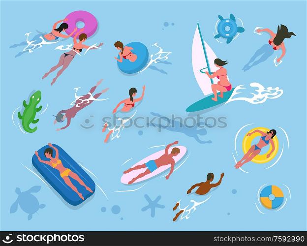 People swimming in water, wearing swimwear. Female and male lying on mattress or rubber circle, surfboarding and windsurfing activity in sea vector. Water Activity, People Swimming or Diving Vector