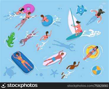 People swimming in water, wearing swimwear. Female and male lying on mattress or rubber circle, surfboarding and windsurfing activity in sea vector. Water Activity, People Swimming or Diving Vector