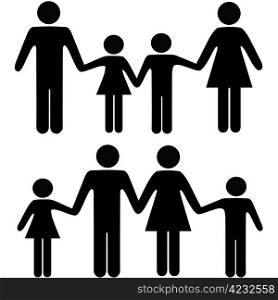 People symbols of a mom dad boy and girl family holding hands in two versions.