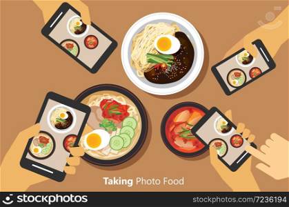People take a photo of korean food with smartphone