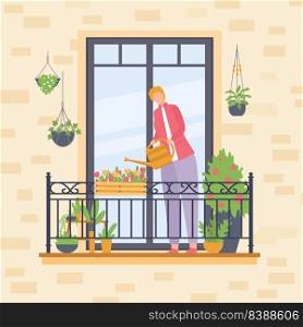 People take care home plants on balcony. Vector flower hobby growing, gardener growth at home, woman and garden illustration. People take care home plants on balcony