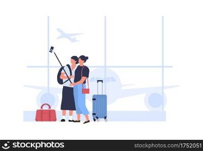People take selfie in airport terminal hall. Vector airport travel, selfie people tourist, holiday and vacation traveler illustration. People take selfie in airport terminal hall