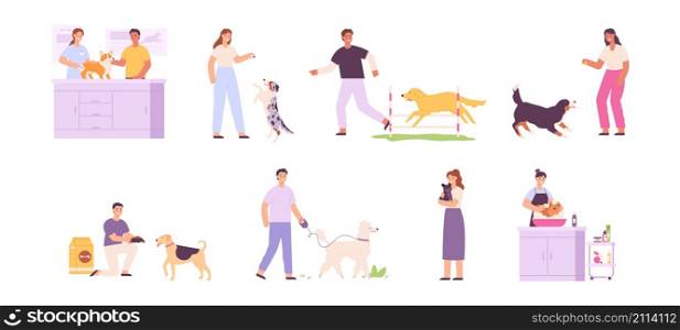 People taking care of dogs, feed, walk, hug and groom. Dog owner life. Veterinarian. Shelter volunteer with street dog. Puppy pet vector set. Illustration of pet friendship, person playing with animal. People taking care of dogs, feed, walk, hug and groom. Dog owner life. Veterinarian. Shelter volunteer with street dog. Puppy pet vector set