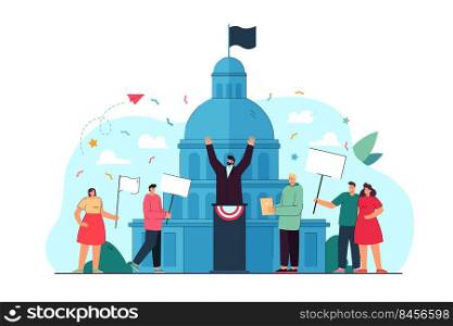 People taking part in political event flat vector illustration. Democratic election campaign, parliament speaker, voting people in government building background. Politics, democracy, election concept