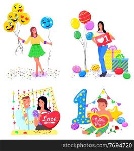 People taking photos with inflatable balloons vector, isolated set of characters flat style. Woman with emoticons and threads. Boy celebrating birthday ad couple with love sign photozone accessories. Photozone for Girls and Couples, Birthday Party