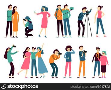 People taking photos. Woman takes selfie pictures, posing for professional photographer and man holding photo camera, modern photograph technology flat isolated icons vector set. People taking photos. Woman takes selfie pictures, posing for professional photographer and man holding photo camera flat