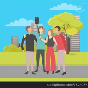 People taking selfie together vector, happy weekend with friend, man and woman friendship, friends standing on street with stick making photo on cityscape park background flat style. Friends Spending Time Together Cityscape Selfie