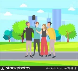 People taking selfie together vector, man and woman friendship, friends standing on street with stick making photo on cityscape park background flat style. Friends Spending Time Together Cityscape Selfie