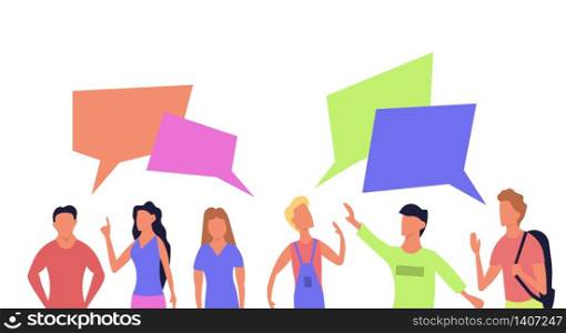People talk communication vector flat illustration. Set character portrait with chat bubble icon. Speech discussion social meeting connection. Group team conversation dialog community together.