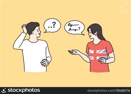People talk different languages do not understand each other. Foreigners speak feel confused have misunderstanding. Linguistic barrier in communication. Flat vector illustration.. People talk different language cannot understand