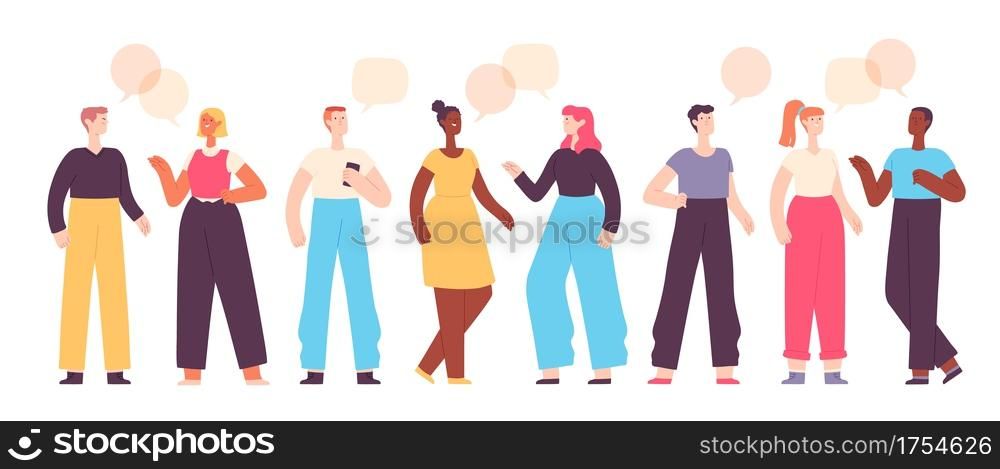People talk. Friends chat, ask and answer. Group of characters communicate with speech bubbles. Flat man and woman conversation vector set. Illuatration character communication and conversation group. People talk. Friends chat, ask and answer. Group of characters communicate with speech bubbles. Flat man and woman conversation vector set