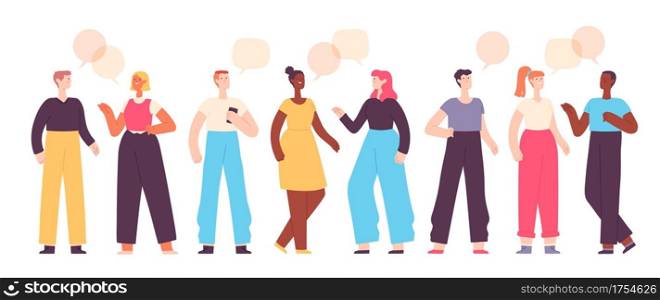 People talk. Friends chat, ask and answer. Group of characters communicate with speech bubbles. Flat man and woman conversation vector set. Illuatration character communication and conversation group. People talk. Friends chat, ask and answer. Group of characters communicate with speech bubbles. Flat man and woman conversation vector set