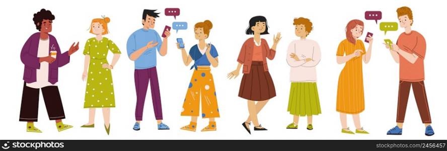 People talk, group of characters speak and communicate with speech bubbles and smartphones. Men and women using gadgets, chatting with friends, communicating persons, Line art flat vector illustration. People talk, characters speak and communicate