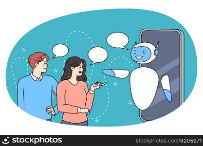 People talk to robotics online support on smartphone. Client use chatbot or humanoid robot internet service on cell. AI and engineering. Artificial intelligence and technology. Vector illustration.. People communicate with online robot on cellphone