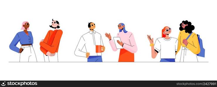 People talk together. Concept of conversation, social network, communication in team or couple. Vector flat illustration of friends dialog, two characters speak. People communication, characters talk