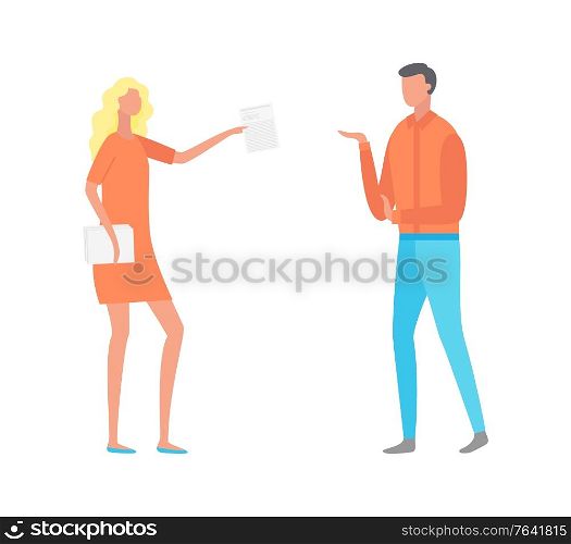 People talking about work vector, businesswoman holding documents paper showing info to worker. Busy blonde lady working with male, flat style boss. Employer and Employee, Woman Boss and Man Staff