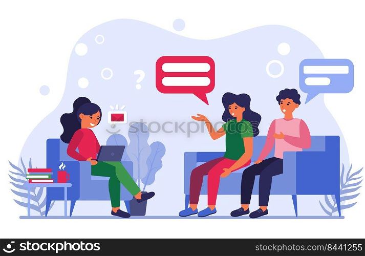 People talking and arguing. Woman with laptop receiving message and ignoring her talk partners flat vector illustration. Communication problem concept for banner, website design or landing web page