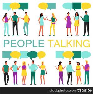 People talking and discussing something poster vector. Human with smartphone in hands and thought bubble above. Chatting and discussion of problems. People Talking and Discussing Something Vector