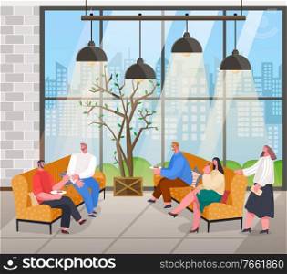 People talking at home reception with drinks and desserts. Friends spending time together sitting on sofas and speaking. Loft interior with big windows and urban view through it. Vector illustration. Friends Meeting, Cozy Conversation Between People