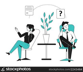 People talking on phone. Business call. Man asking question and woman respond. Vector illustration. People talking on phone. Business call. Man asking question and woman respond