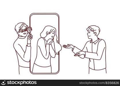 People talking online on dating app on smartphone with hacker steal personal data. Man and woman chat on web application on cellphone. Vector illustration.. People talk online on dangerous dating app on cell