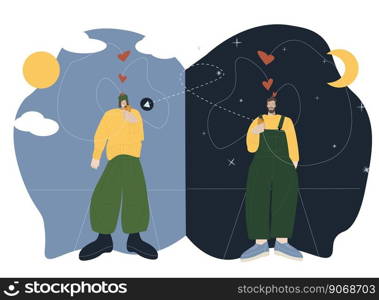 People talking phone. Man and woman have conversation. Couple in love vector illustration