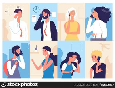 People talking phone. Men and women calling by telephone. Communication and conversation with smartphone vector characters set. Illustration of phone call, speaking social, talking and chatting. People talking phone. Men and women calling by telephone. Communication and conversation with smartphone vector characters set