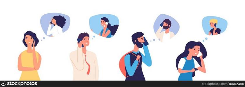 People talking phone. Men, women, teenagers calling by telephone. Flat communication and conversation with smartphone vector characters. Phone conversation and communication illustration. People talking phone. Men, women, teenagers calling by telephone. Flat communication and conversation with smartphone vector characters